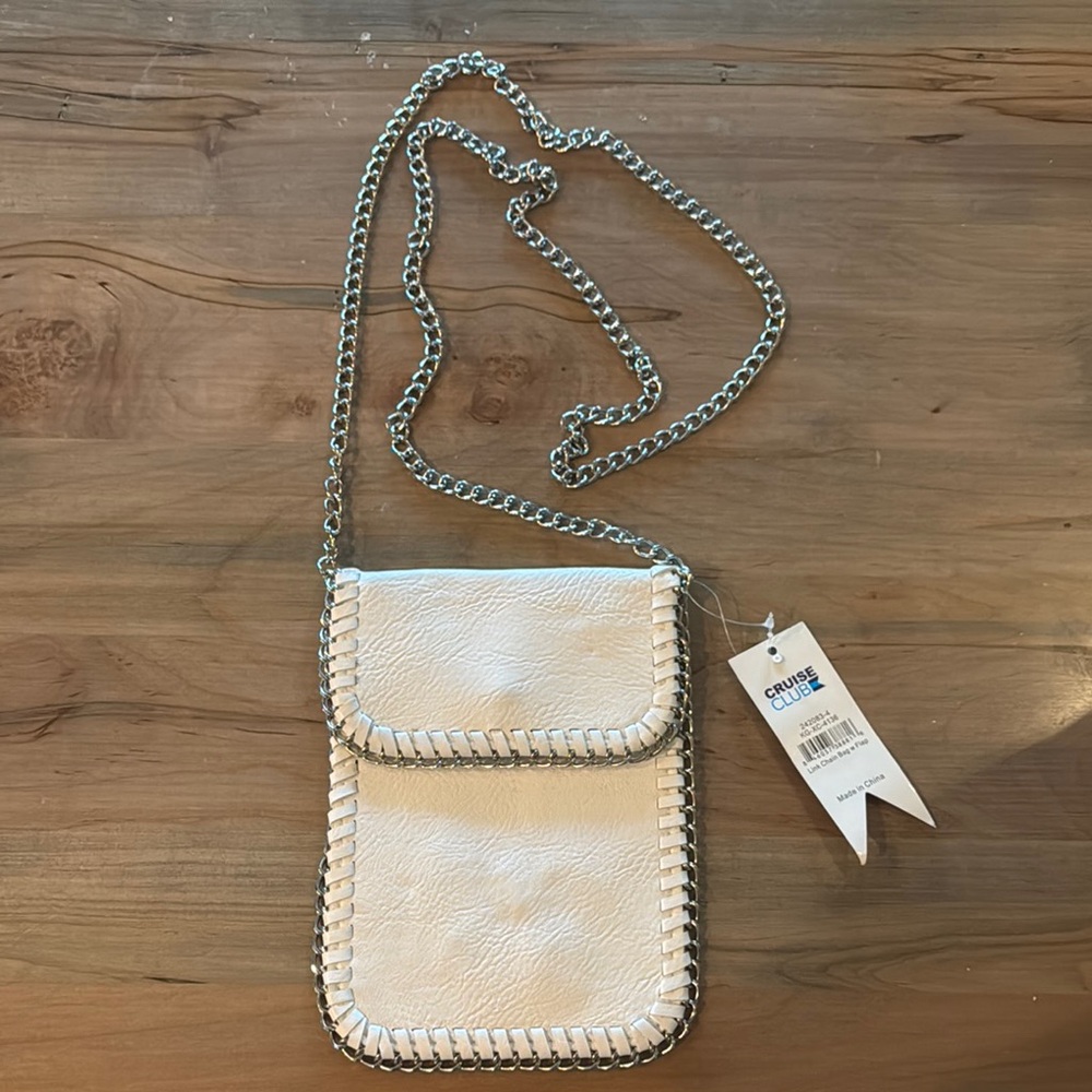 White Crossbody Bag with Silver Chain and Braided Trim